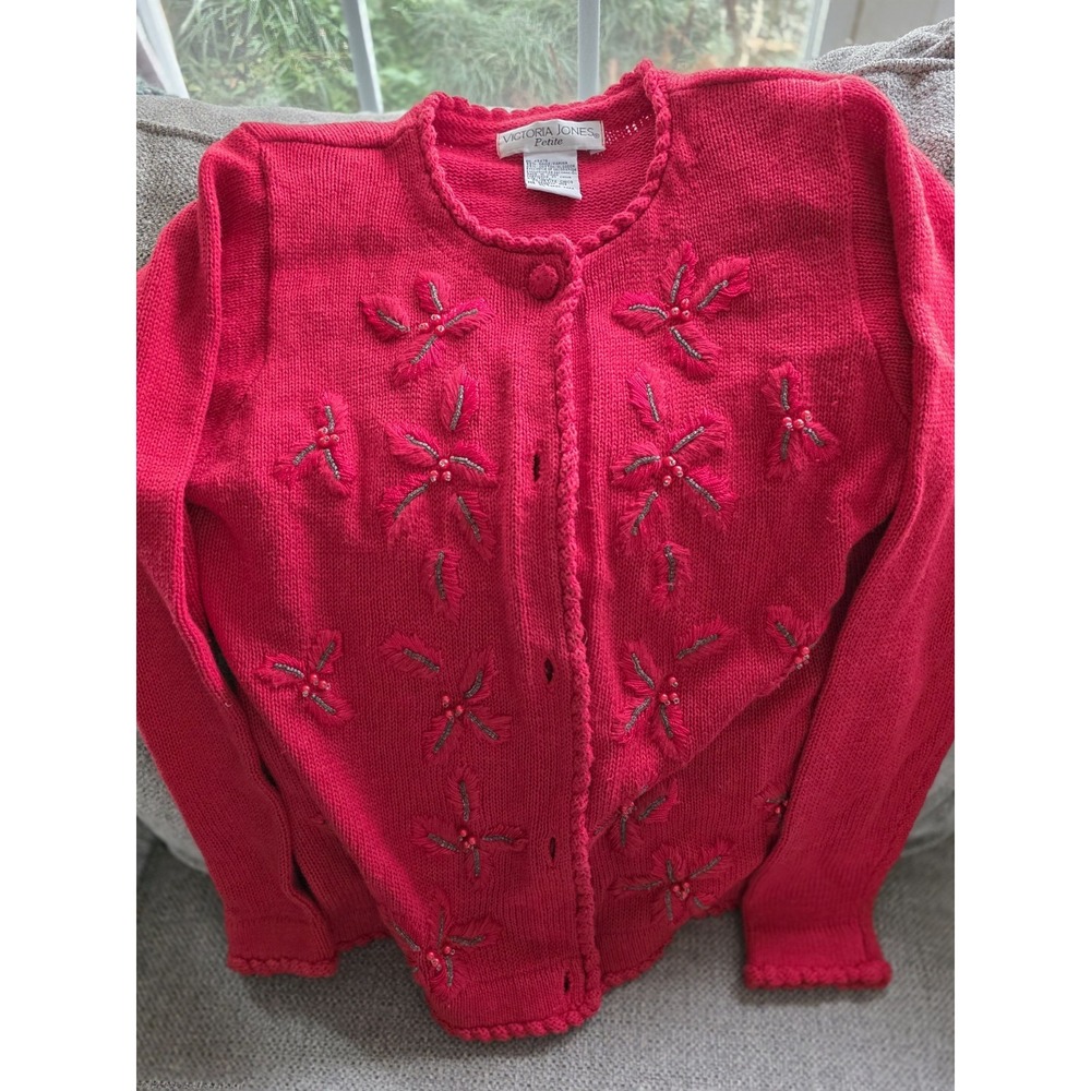 Victoria Jones Petite Red Beaded Embroidered Cardigan Sweater PS Vintage - Picture 4 of 12